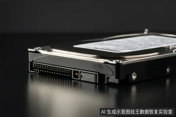 黑色反光台面上放置一块机械硬盘,画面聚焦于接口端,可见SATA数据与电源接口,顶部标签文字模糊。