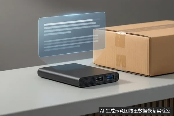 桌面上放置着一个黑色移动硬盘，前端接口亮着蓝光，旁边是一个封好的快递纸箱，上方悬浮着一个带有抽象横线的半透明蓝色信息面板。