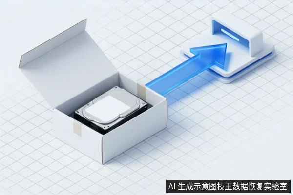 白色纸箱内装有一块机械硬盘,蓝色箭头从箱内指向右侧的投递口图标,背景为浅色网格。
