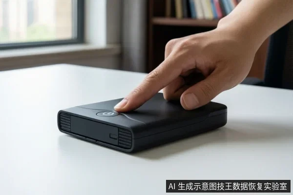 一只手的手指正在按压白色桌面上一个黑色移动硬盘外壳上的电源按钮，背景为室内窗边和书架。