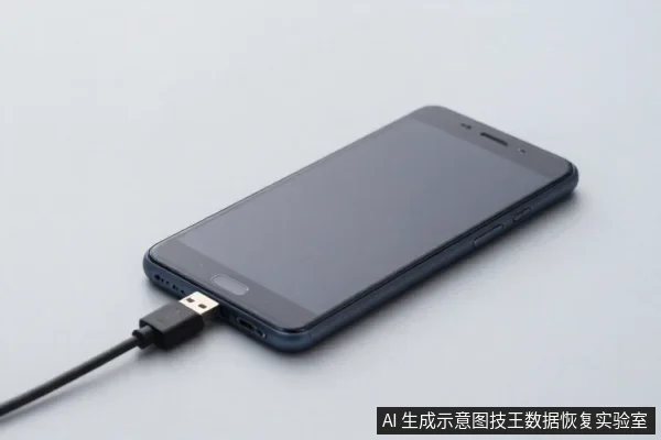 一部深蓝色安卓手机平放在浅色桌面上,底部接口插着一根黑色USB数据线,屏幕为熄屏状态。