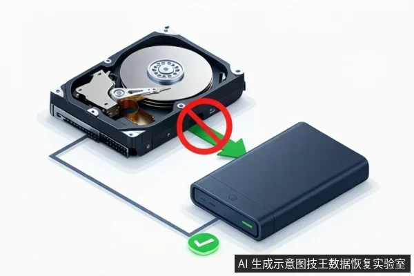 画面左侧为裸露机械硬盘，右侧为黑色移动硬盘盒，中间有绿色箭头指向硬盘盒，箭头被红色禁止符号覆盖，下方连接线末端有绿色对勾。