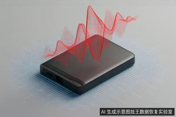 黑色移动硬盘置于网格背景上，上方有红色声波波形示意。