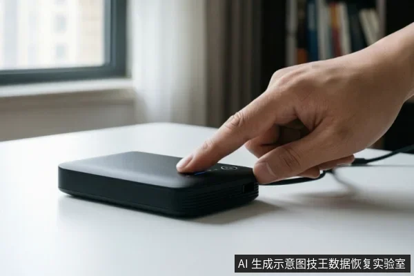 一只手正在按压白色桌面上一个黑色移动硬盘的顶部按钮，设备侧面连接着线缆，背景为室内窗户和书架。
