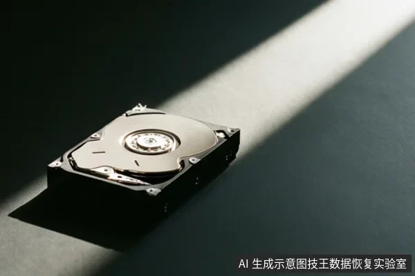一个打开外壳的机械硬盘平放在深色平面上,可见圆形盘片、中心主轴和磁头组件,一道斜向光线照亮设备。