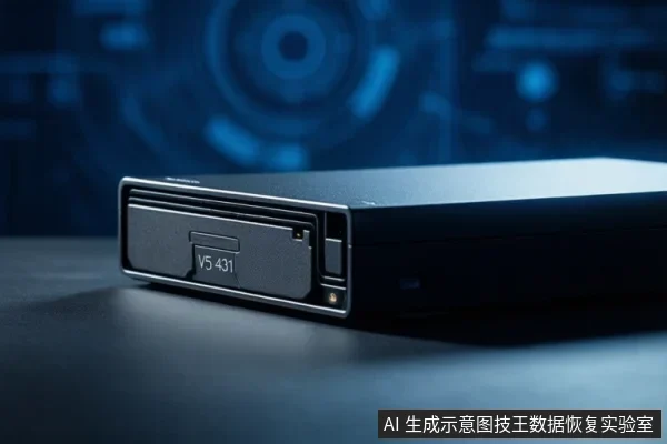 A black external hard drive with a label on a dark surface against a blue background.