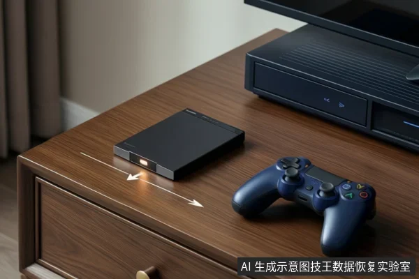 木桌上放置黑色外置固态硬盘、蓝色游戏手柄与黑色游戏主机，白色箭头示意硬盘与主机间的连接关系。