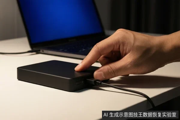 一只手正在将USB数据线插入桌面上的黑色外置硬盘盒，背景是一台屏幕亮起的笔记本电脑。