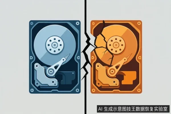 画面被一道锯齿状裂缝分为左右两部分。左侧是一块蓝色的机械硬盘,盘片完好;右侧是一块橙色的机械硬盘,盘片上布满裂纹,呈现物理损坏状态。