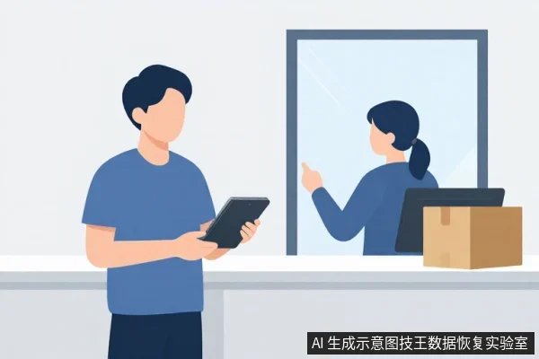 一名男子手持平板电脑站在服务台前,隔窗可见一名女子正指向身旁的纸箱与设备。