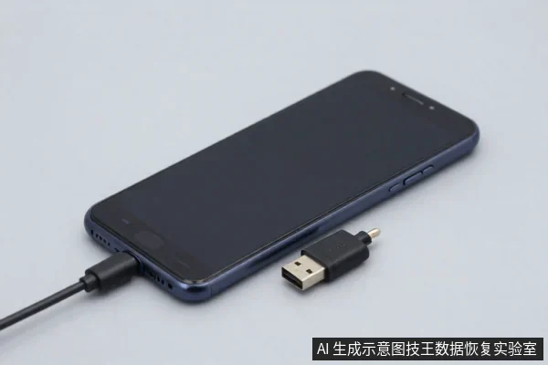 一部深色安卓手机平放在浅色桌面上，底部连接着一根黑色数据线，旁边放着一个USB插头。