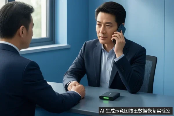 两名穿西装的亚洲男性坐在桌前，一人手持手机通话，桌面放着一台带绿色指示灯的黑色外置存储设备。