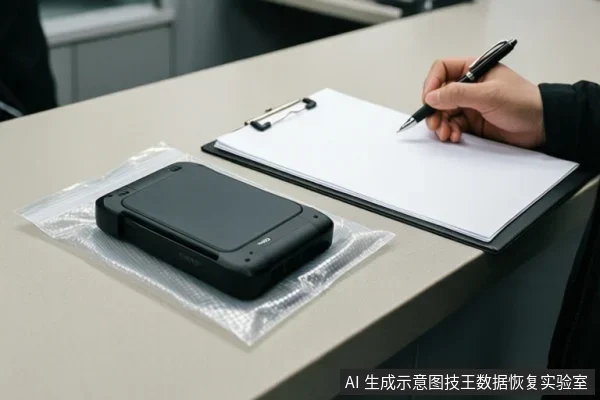 桌面上放着一个黑色移动硬盘,旁边有一只手正用笔在写字板上记录信息。