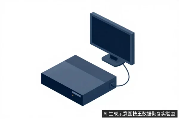 一台深色显示器与一台扁平深色录像存储设备通过线缆相连，设备正面有指示灯和接口，整体为等距视角示意图。