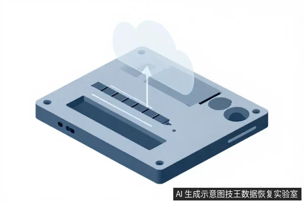 浅蓝色电路板示意图,上方悬浮半透明云朵图标,白色箭头从板面指向云朵。