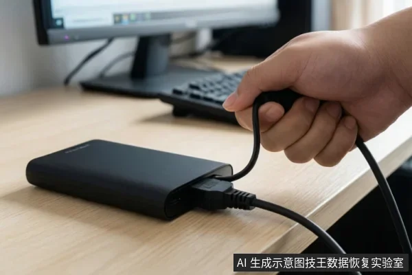 一只手握着黑色USB数据线，将其插入放置在木桌上的黑色移动硬盘接口，背景为模糊的电脑显示器和键盘。
