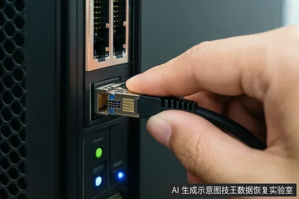一只手正将一根网线插入黑色设备背部的RJ45接口，上方可见两个空闲网口，下方有绿色和蓝色指示灯亮起。
