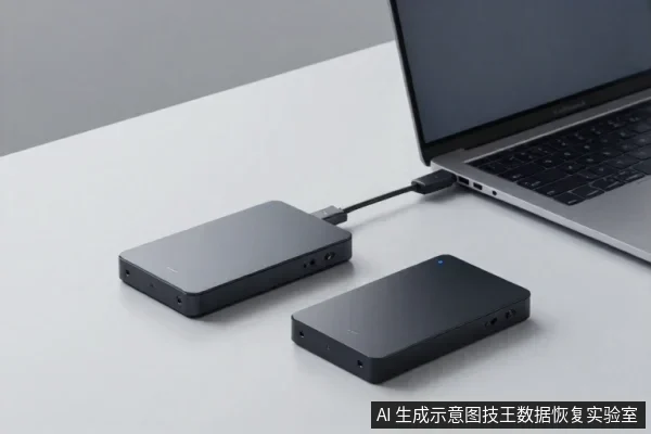 浅灰色桌面上放着两块黑色移动硬盘，其中一块通过USB线连接至右侧笔记本电脑，另一块独立放置。