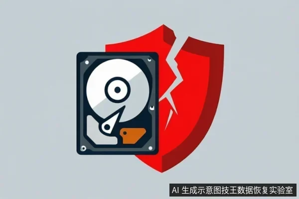 A hard disk drive icon in front of a cracked red shield on a gray background.