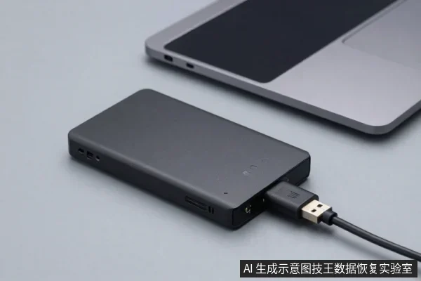 深灰色移动硬盘平放在浅灰桌面,侧面USB接口插着数据线,右上方有一台银色笔记本电脑。