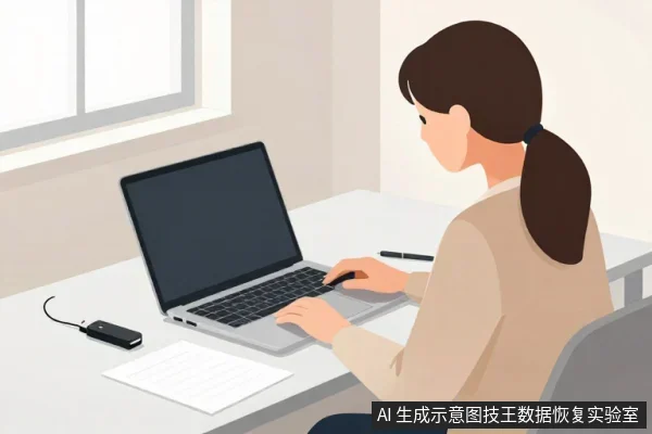 一名亚洲女性坐在桌前操作笔记本电脑,桌面左侧放着一个黑色U盘和一张白纸。