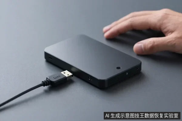 深灰色桌面上放着一个黑色方形外置硬盘，侧面USB接口插着数据线，旁边一只手放在键盘上。