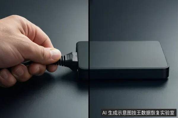一只手正将USB数据线插入黑色移动硬盘的接口,设备平放在深色桌面上。
