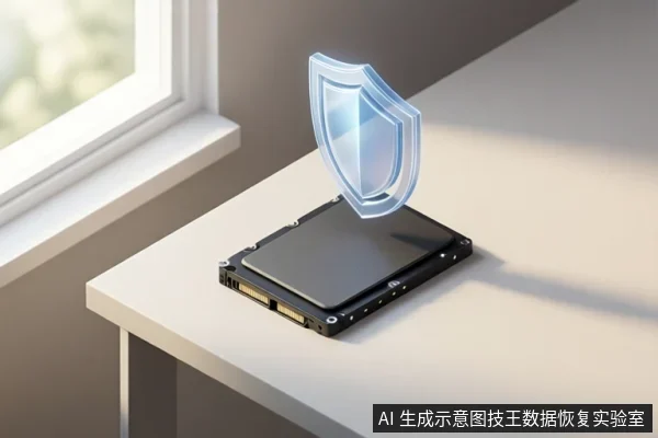 白色桌面上放置一块2.5英寸固态硬盘,盘体上方悬浮一个发光的半透明盾牌图标,左侧有窗户和自然光。