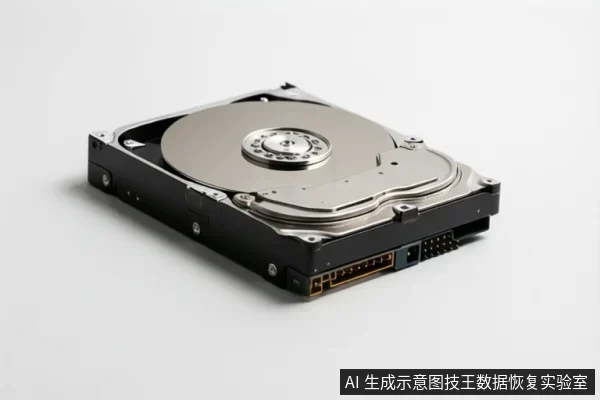 白色背景上放置一块打开顶盖的机械硬盘，可见金属盘片、中心主轴、磁头臂组件，以及侧面黑色外壳和底部的数据与电源接口。