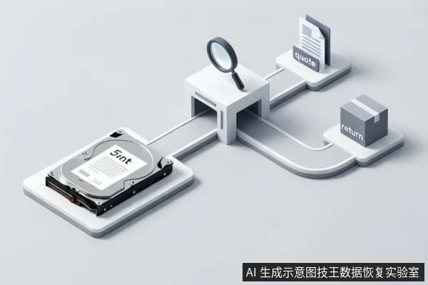 等距视角示意图:一块机械硬盘通过管道连接至中央检测节点,节点上方有放大镜,右侧分支分别连接标有“quote”的文件图标和标有“return”的包裹图标。