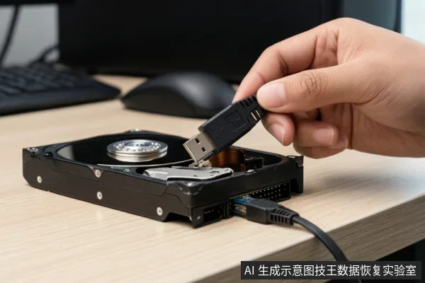 桌面上放置一块打开的机械硬盘,一只手正将USB接口插入硬盘侧面的接口,旁边已连接一根数据线。