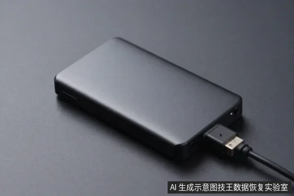 黑色长方形外置硬盘平放在深色桌面上,侧面接口插着一根USB数据线,线缆向右下方延伸。