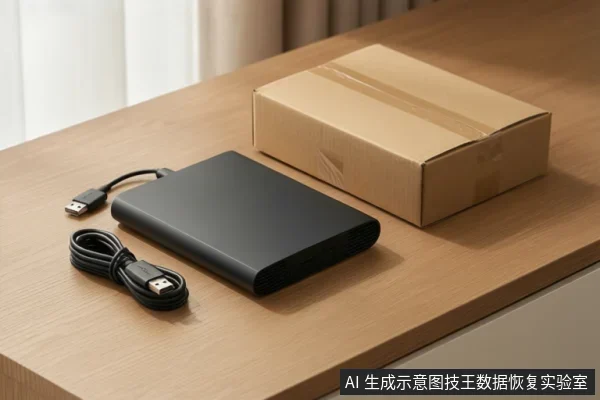 木桌上放着一块黑色移动硬盘,旁边有连接的USB数据线、盘绕的备用线缆和一个封好的纸箱。
