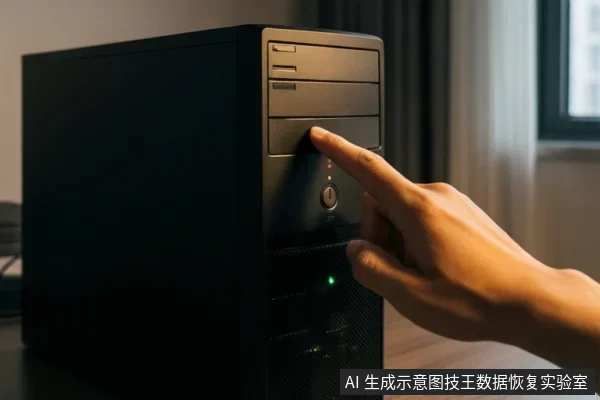 一只手正在按压黑色台式电脑机箱前部的电源按钮,机箱下方有绿色指示灯亮起。
