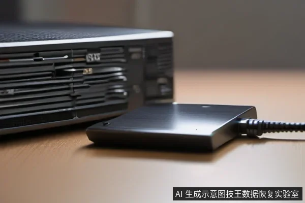 桌面上一台黑色电脑主机旁平放着一个带连接线的移动硬盘,硬盘线缆向右延伸,整体为查找识别移动硬盘的示意场景。