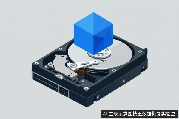 画面展示一个打开外壳的机械硬盘，可见盘片、主轴和磁头组件，上方悬浮一个蓝色立方体图标，背景为浅灰色。