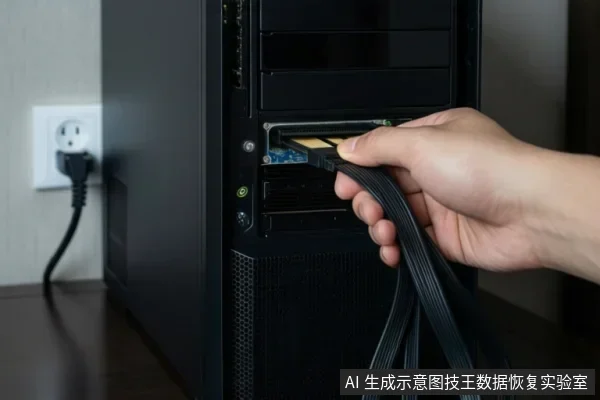 一只手正将一条SATA数据线的接口插入台式电脑机箱前部的硬盘托架接口，机箱侧面可见电源插座和线缆。
