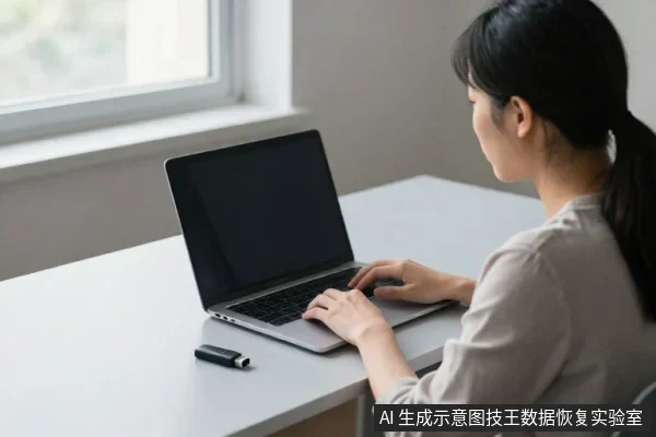 一名亚洲女性坐在桌前,面前是一台打开的笔记本电脑,屏幕呈黑色,她双手放在键盘上。桌面左侧放着一个黑色U盘。
