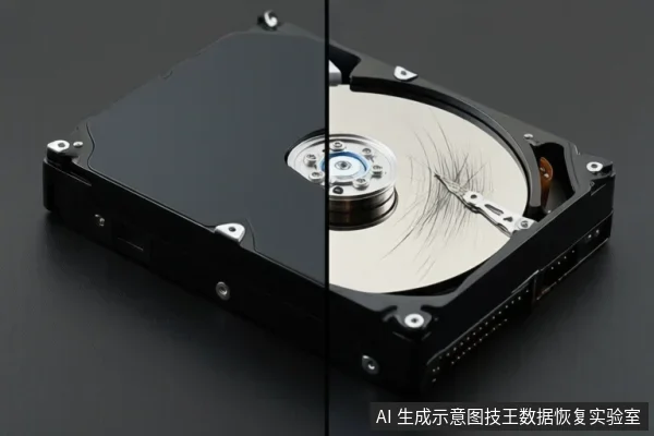 画面展示一个机械硬盘,左侧为黑色金属外壳,右侧为打开状态,可见银色盘片、中心主轴和磁头臂,背景为深色。