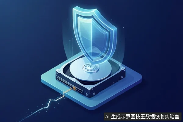 深蓝色背景中,一块机械硬盘放置在蓝色底座上,上方悬浮着发光的蓝色盾牌图标,底座边缘有闪电状裂纹。