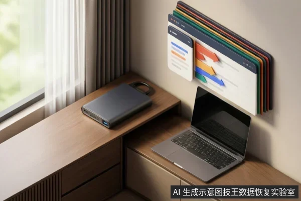 木桌上放着一台打开的笔记本电脑,旁边是一个带USB接口的外置移动硬盘,墙边挂着带彩色箭头的示意卡片。