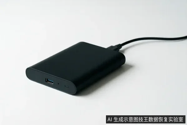 白色背景上放置一个黑色移动硬盘，前端可见一个蓝色USB接口，后端连接着一根黑色数据线。