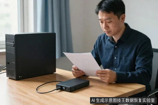 一名亚洲成年男性坐在木桌前,手持纸张阅读,桌上放着一台黑色台式主机和一台黑色外置硬盘盒,硬盘盒通过线缆连接。