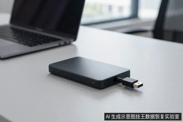 黑色移动硬盘平放在白色桌面上，USB插头已插入硬盘接口，背景有笔记本电脑和窗户
