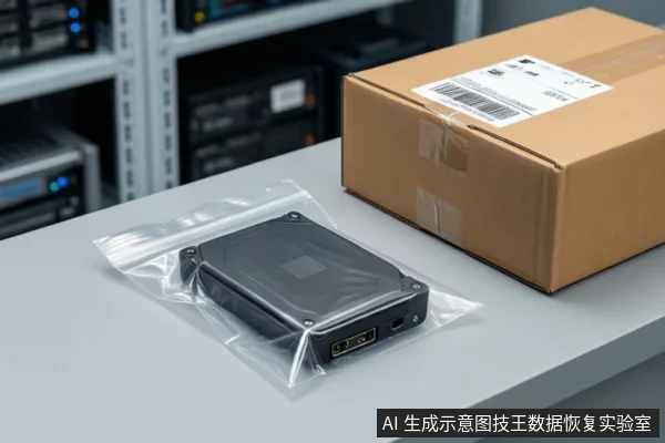 灰色桌面上放着一个透明密封袋,袋内装有一块黑色移动硬盘,旁边是一个贴有条码标签的棕色纸箱,背景为模糊的服务器机柜。