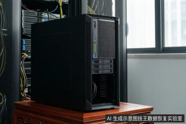 黑色台式电脑主机立于木桌上，前面板可见电源键、指示灯与接口，背景为带线缆的服务器机柜和窗户。