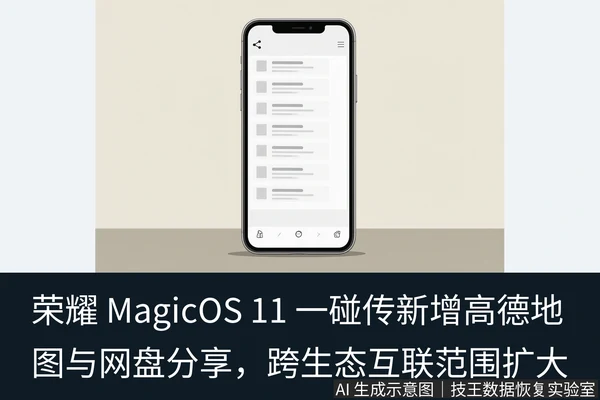 文章内容场景示意图：荣耀 MagicOS 11 一碰传新增高德地图与网盘分享，跨生态互联范围扩大