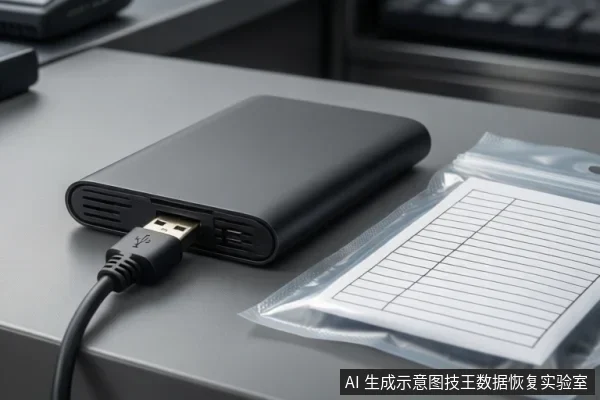 桌面上放着一个黑色的外置硬盘,前端插着一根USB数据线,旁边放着一个装有网格纸的防静电袋。