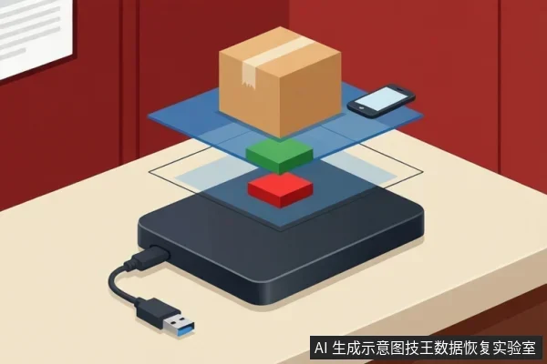 桌面上一台黑色外置硬盘盒连接USB线,上方悬浮纸箱、手机及红绿方块,背景为红墙。