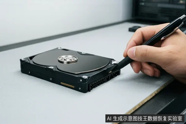 办公桌上放置一块裸露的机械硬盘，盘片与接口清晰可见，一只手握着黑色笔指向硬盘接口区域。